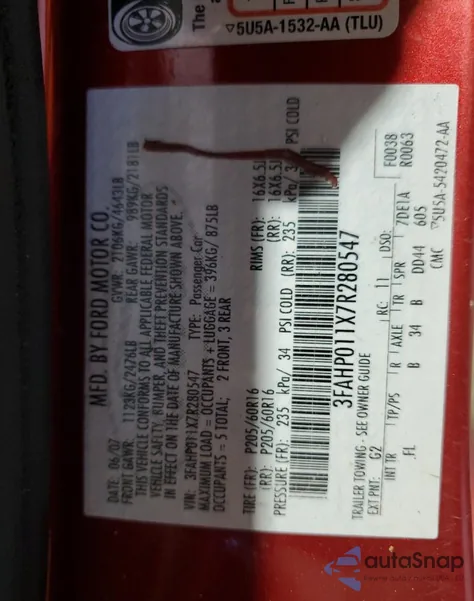 2007 Ford Fusion Se из США, поврежденный, VIN 3FAHP011X7R280547